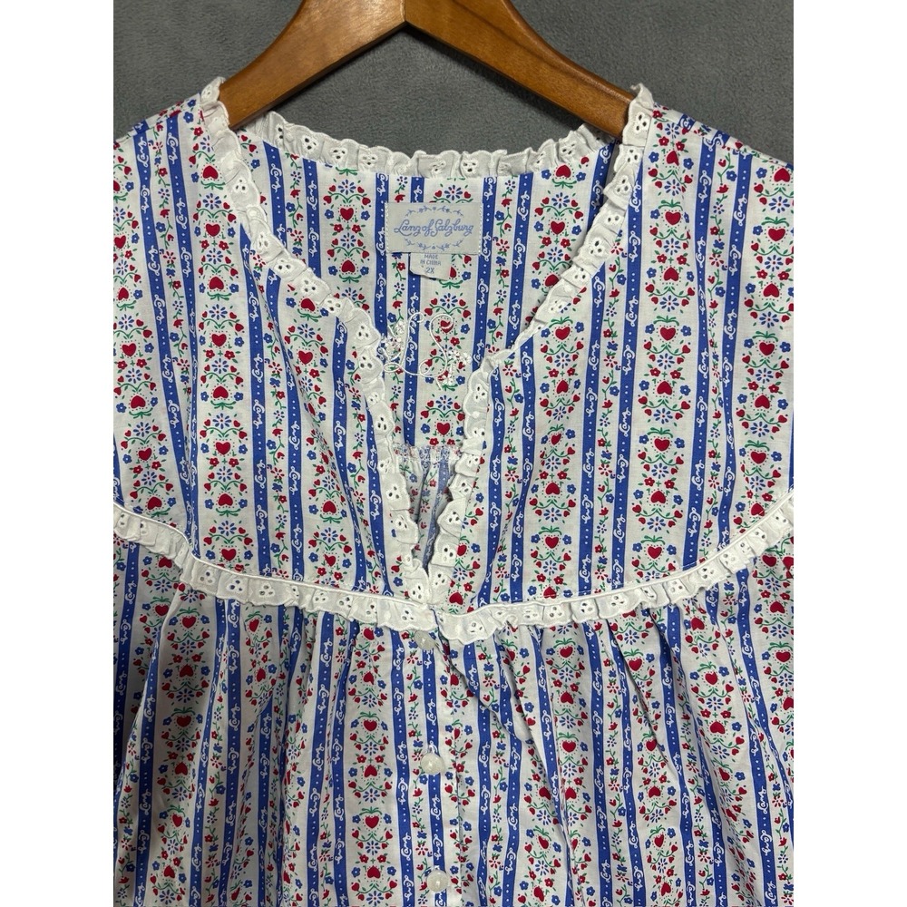 EUC Lanz of Salzburg Flannel Nightgown Red Heart Blue Floral Prairie Gown 2XL - Picture 3 of 9